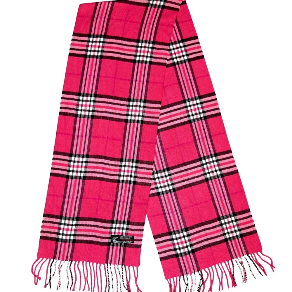 Italy Design Scarf OS Pink Black Tartan Plaid Cashmere Viscose Blend Fringe